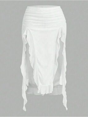 White Ruched Ruffle A-Line Skirt